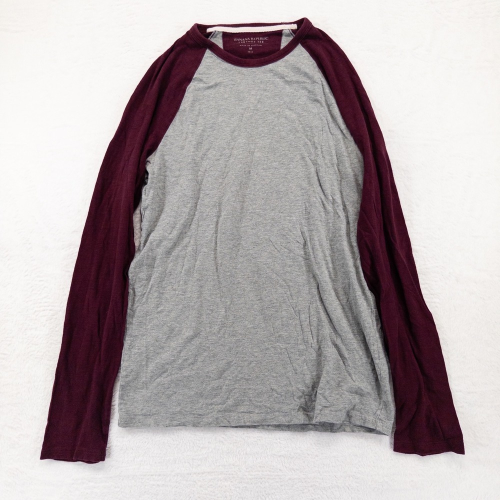 Banana Republic Vintage Tee Mens M TALL Grey Burgundy Long Sleeve Raglan Shirt